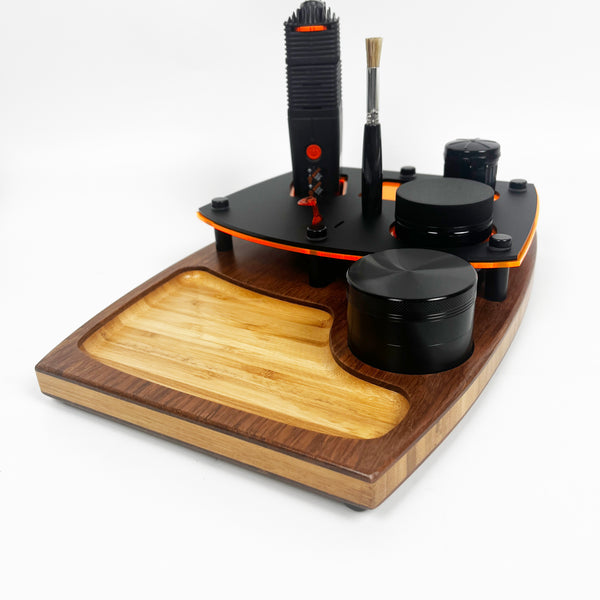 Venty by Storz & Bickel ~ Smoke Session Organizer Tray with Prep Area, Grinder, Storage Jar, Ash Can, Resin Brush Handle and Bamboo Base