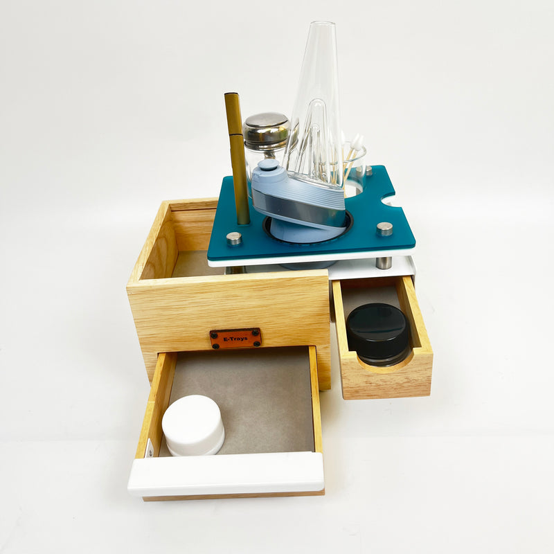 Compact Puffco Dab Session Wooden Box with Hidden Compartments, Storage Drawer, Hot Knife Slot, ISO Dispenser, Swab Jar