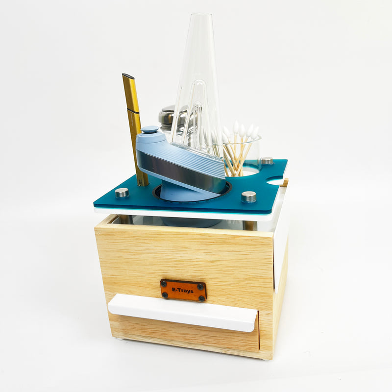 Compact Puffco Dab Session Wooden Box with Hidden Compartments, Storage Drawer, Hot Knife Slot, ISO Dispenser, Swab Jar