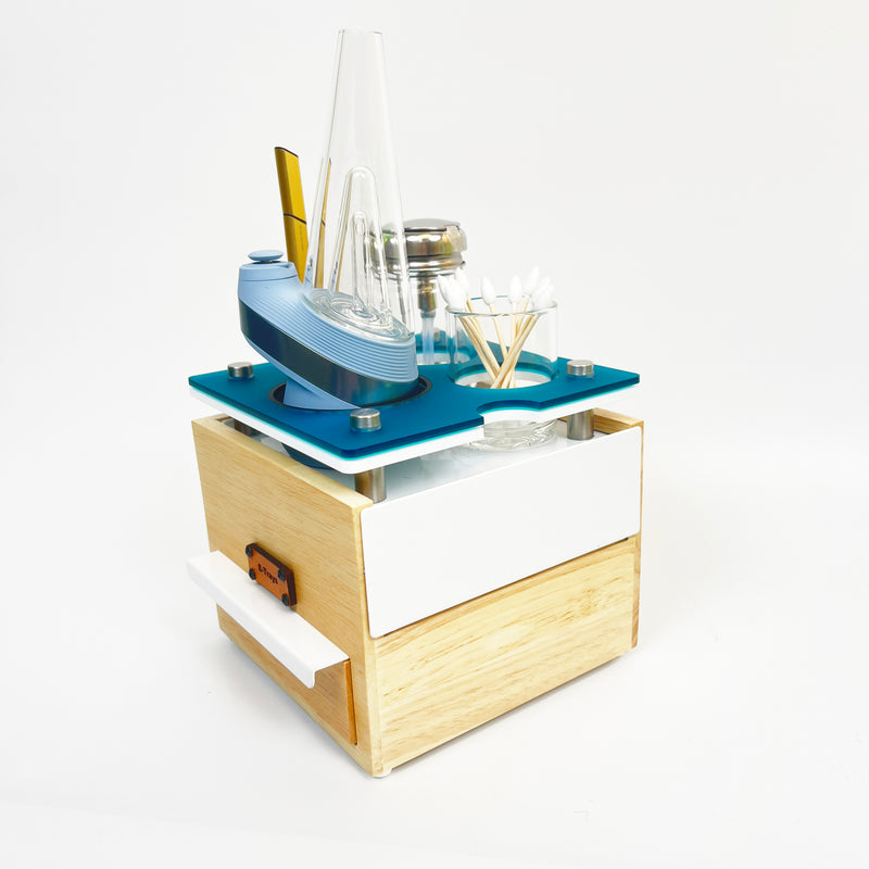 Compact Puffco Dab Session Wooden Box with Hidden Compartments, Storage Drawer, Hot Knife Slot, ISO Dispenser, Swab Jar